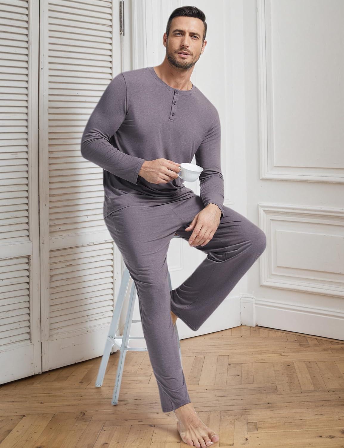 imageGYS Bamboo Viscose Mens Pajama Sets Long Sleeve Henley Neck Casual Sleep Set with PocketsPurplish Grey
