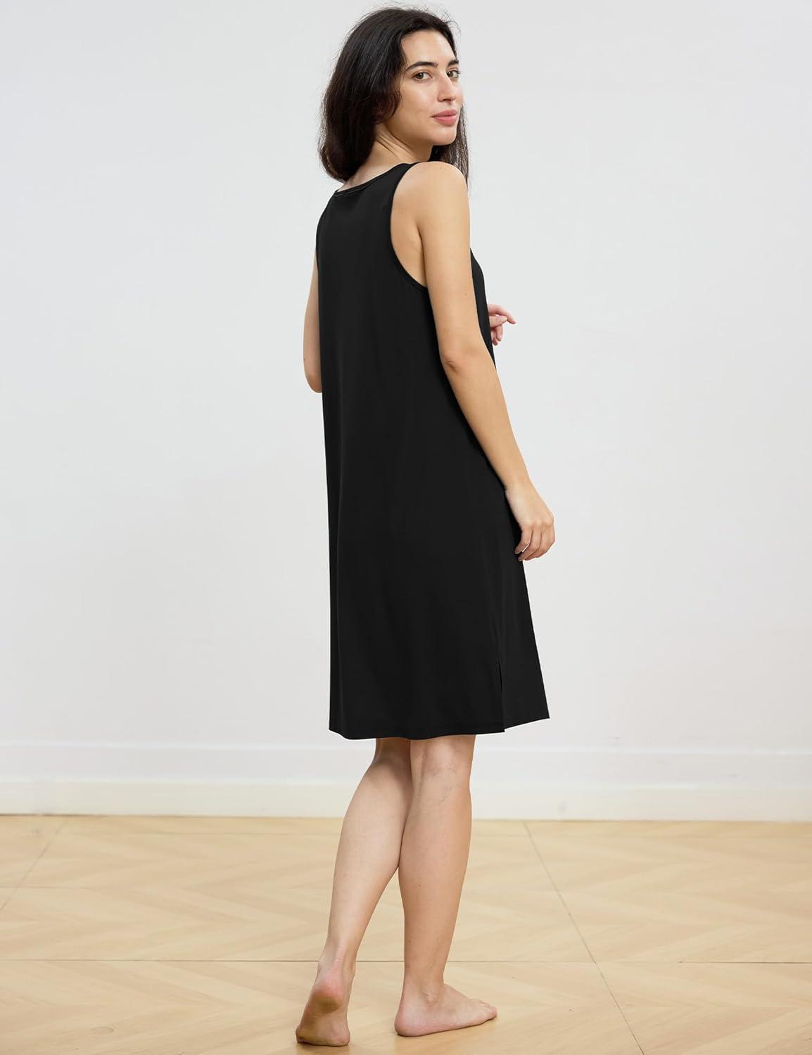 imageGYS Premium Bamboo Viscose Womens Nightgowns Tank Sleep Dress V Neck Soft Sleeveless SleepwearBlack