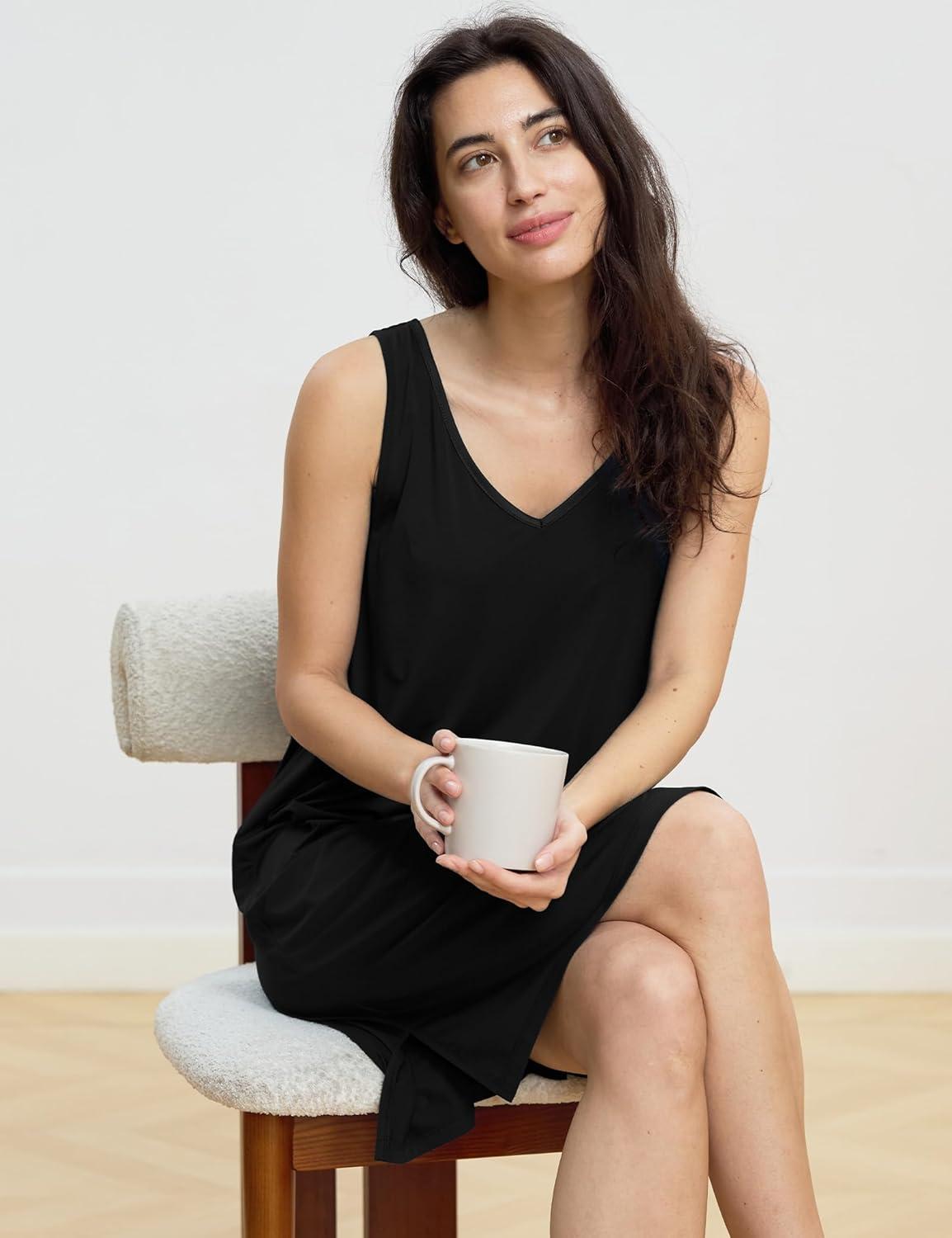 imageGYS Premium Bamboo Viscose Womens Nightgowns Tank Sleep Dress V Neck Soft Sleeveless SleepwearBlack