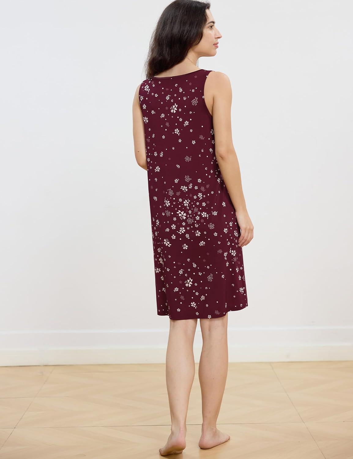 imageGYS Premium Bamboo Viscose Womens Nightgowns Tank Sleep Dress V Neck Soft Sleeveless SleepwearWine Red Floral