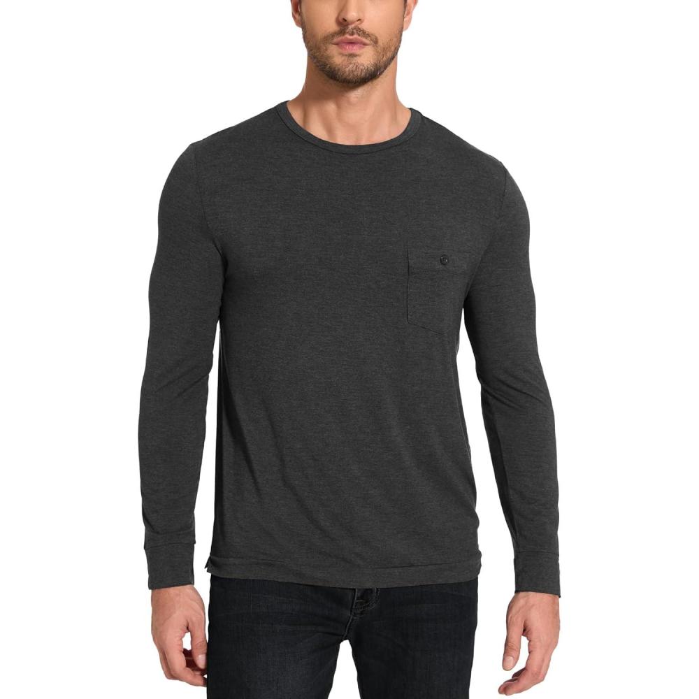 imageGYS Bamboo Viscose Mens Long Sleeve Shirts Casual Crew Neck Pajama TopsBlack Melange