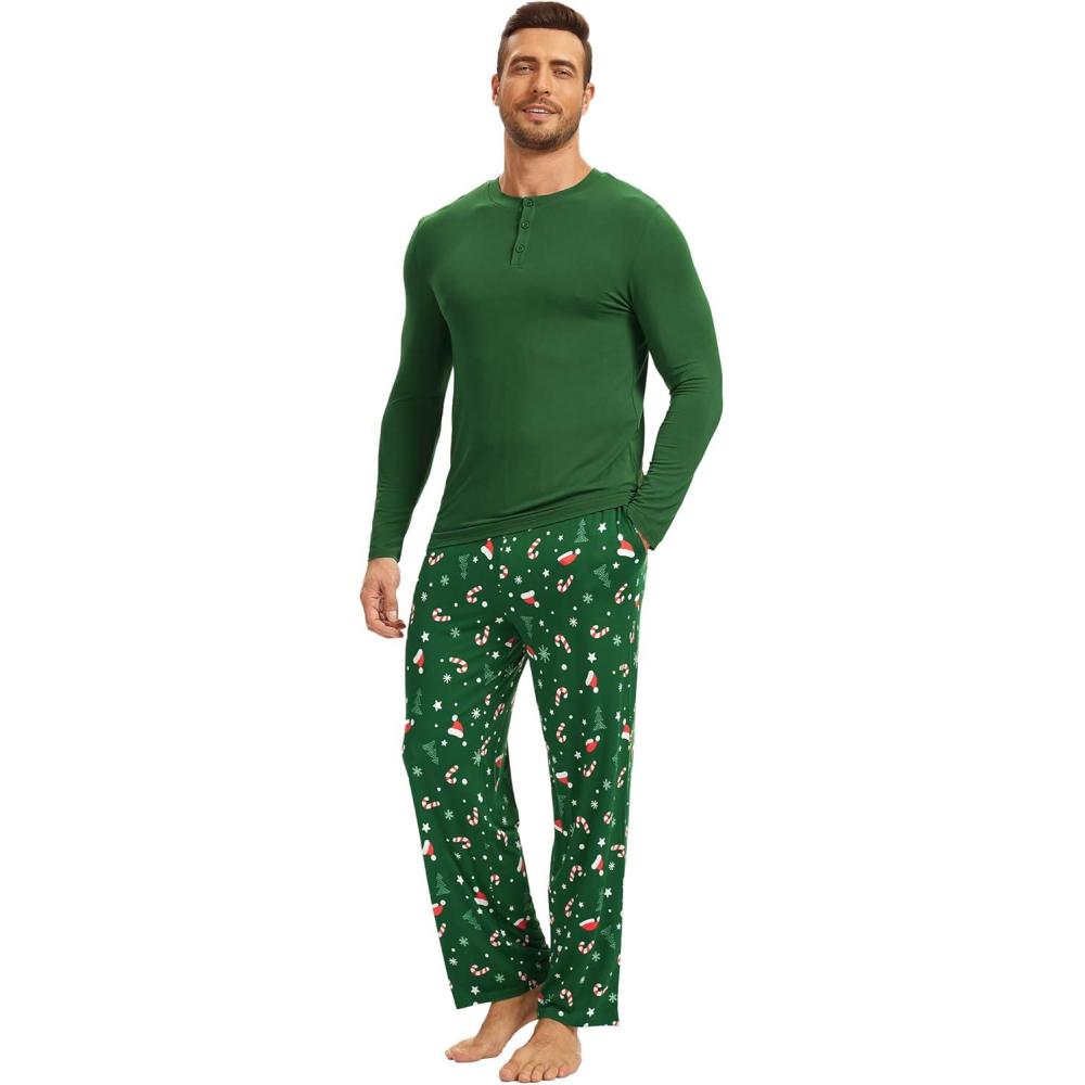 imageGYS Bamboo Viscose Mens Pajama Sets Long Sleeve Henley Neck Casual Sleep Set with PocketsXmas Green