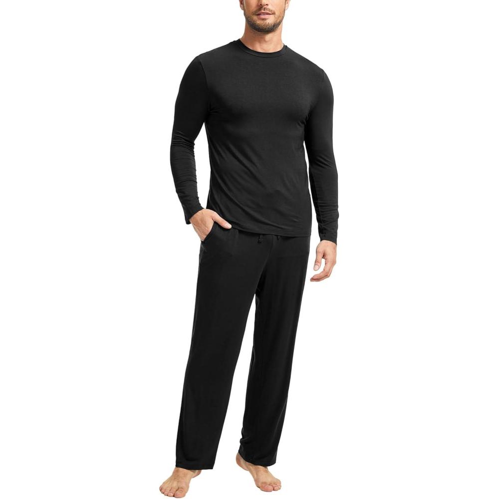 imageGYS Bamboo Viscose Mens Pajama Sets Long Sleeve Plaid Loungewear Sets with PocketsBlack