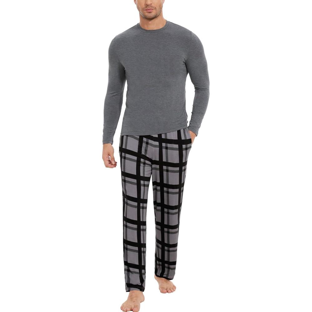 imageGYS Bamboo Viscose Mens Pajama Sets Long Sleeve Plaid Loungewear Sets with PocketsDark Heather GreyPlaid