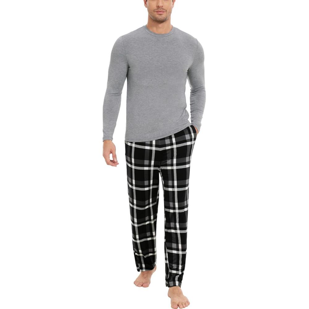 imageGYS Bamboo Viscose Mens Pajama Sets Long Sleeve Plaid Loungewear Sets with PocketsHeather GreyPlaid