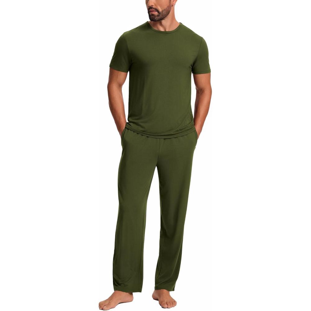 imageGYS Bamboo Viscose Mens Pajama Sets Short Sleeve Crew Neck Lounge Sets with PocketsArmy Green