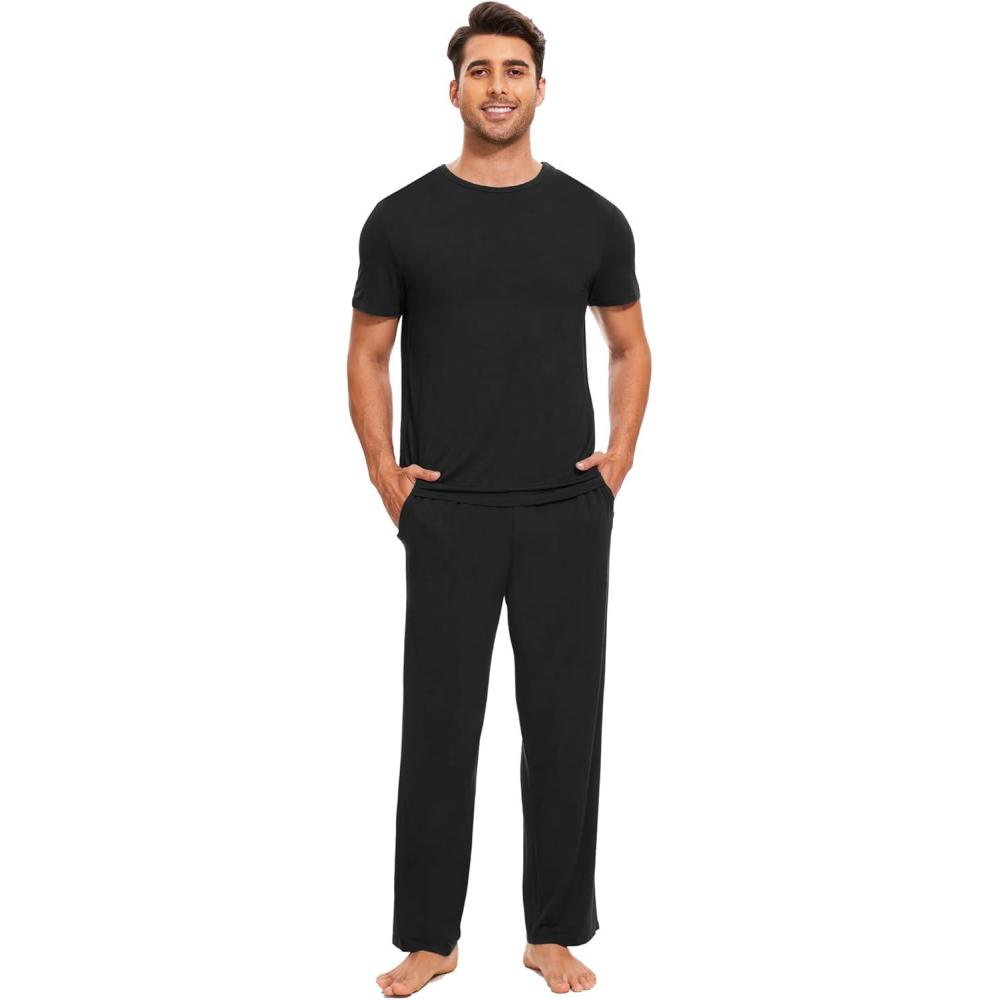 imageGYS Bamboo Viscose Mens Pajama Sets Short Sleeve Crew Neck Lounge Sets with PocketsBlack