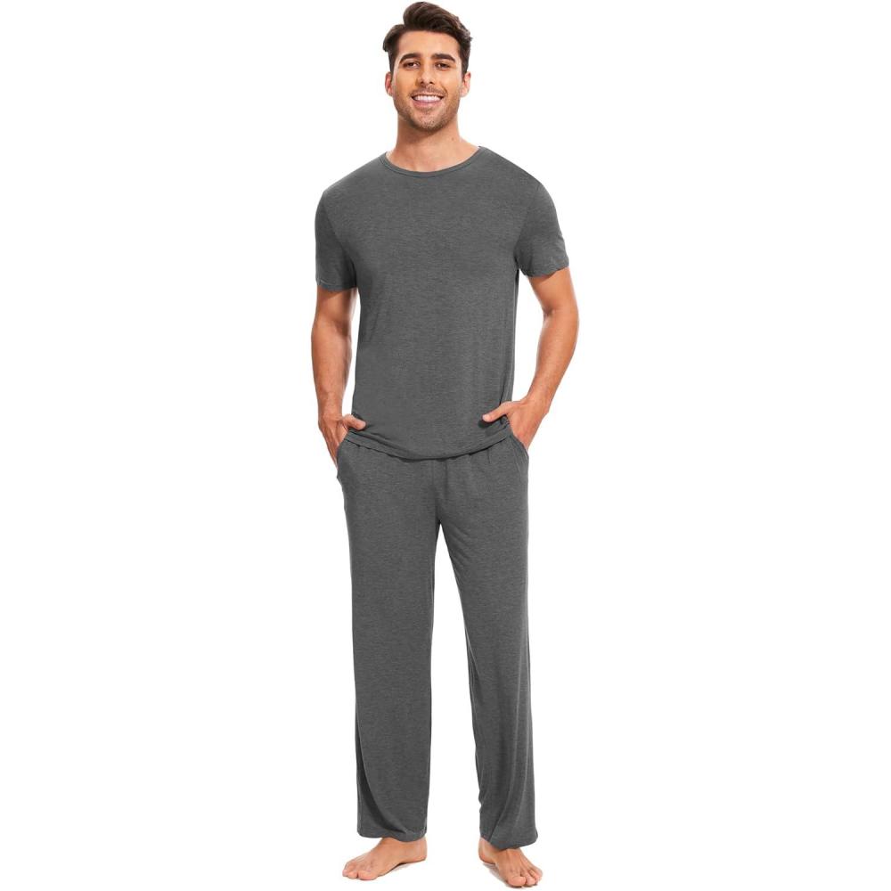 imageGYS Bamboo Viscose Mens Pajama Sets Short Sleeve Crew Neck Lounge Sets with PocketsDark Heather Grey