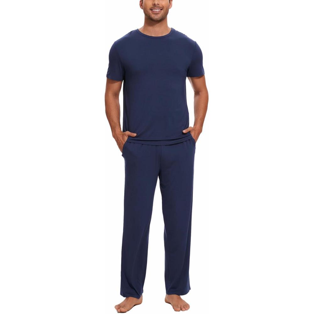 imageGYS Bamboo Viscose Mens Pajama Sets Short Sleeve Crew Neck Lounge Sets with PocketsDeep Blue