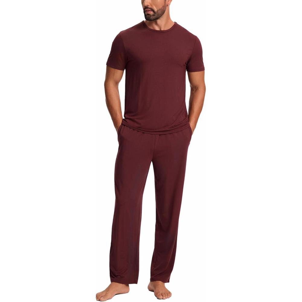 imageGYS Bamboo Viscose Mens Pajama Sets Short Sleeve Crew Neck Lounge Sets with PocketsFicus Red