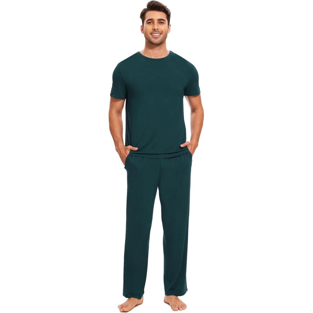 imageGYS Bamboo Viscose Mens Pajama Sets Short Sleeve Crew Neck Lounge Sets with PocketsIndigo