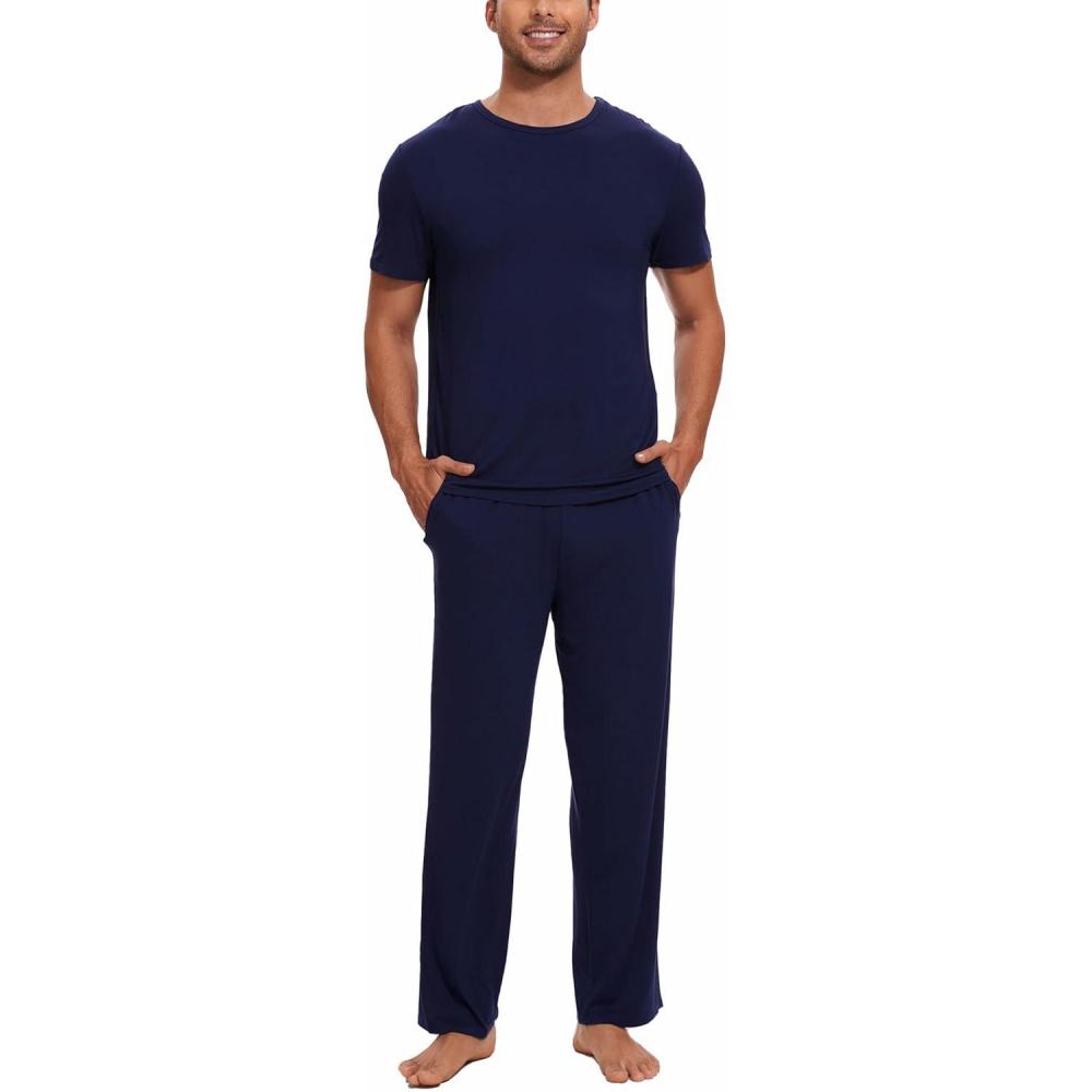 imageGYS Bamboo Viscose Mens Pajama Sets Short Sleeve Crew Neck Lounge Sets with PocketsNavy