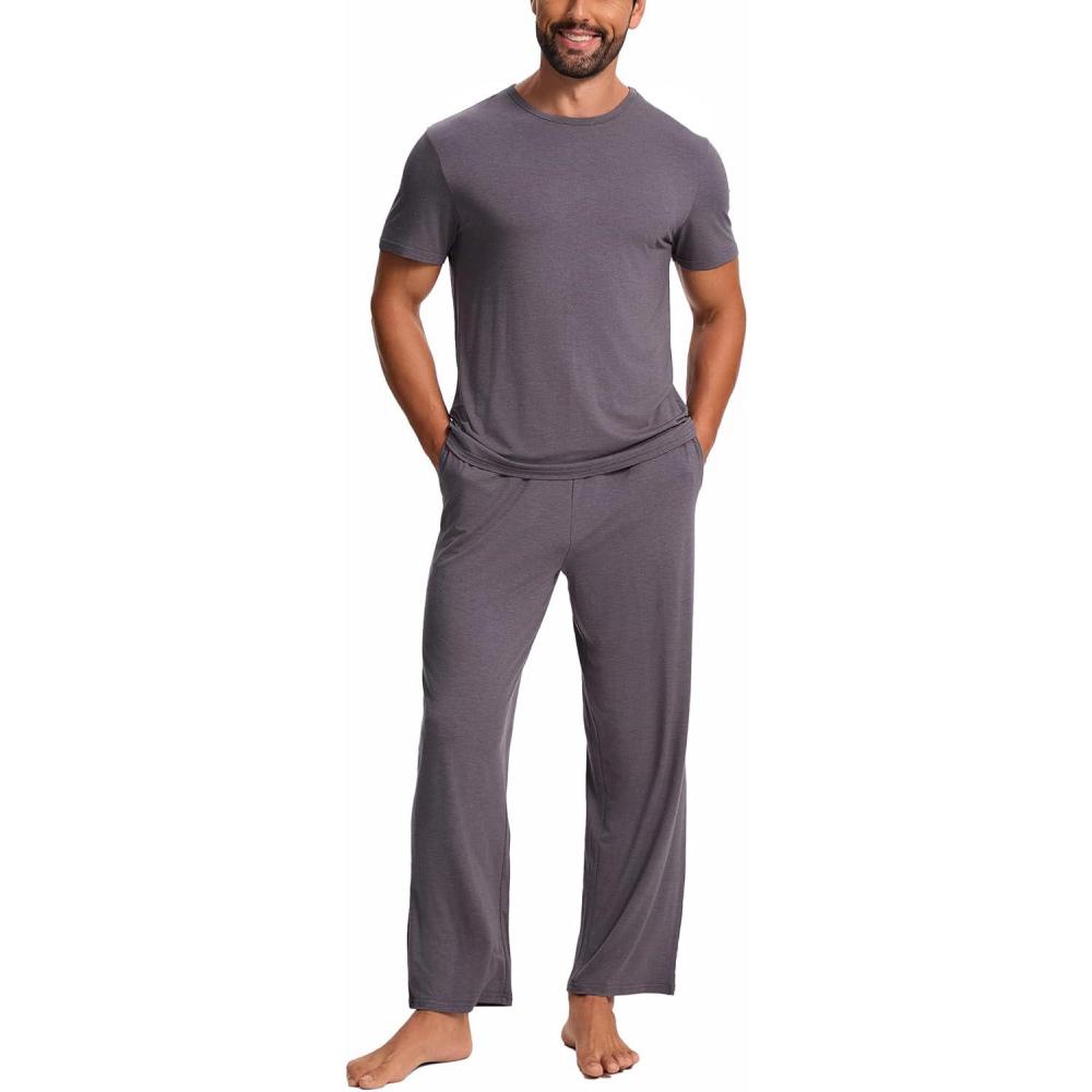 imageGYS Bamboo Viscose Mens Pajama Sets Short Sleeve Crew Neck Lounge Sets with PocketsPurplish Grey