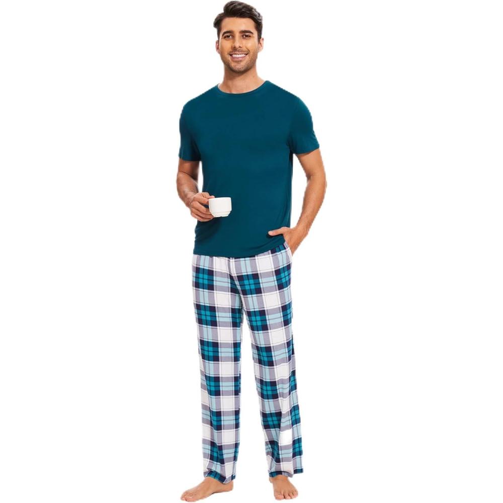imageGYS Bamboo Viscose Mens Pajama Sets Short Sleeve Crew Neck Lounge Sets with PocketsWhite Green Plaid