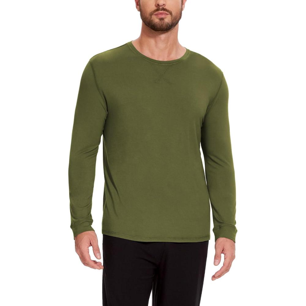 imageGYS BambooDerived Viscose Mens Pajama Top Soft Long Sleeve Sleep TShirtArmy Green