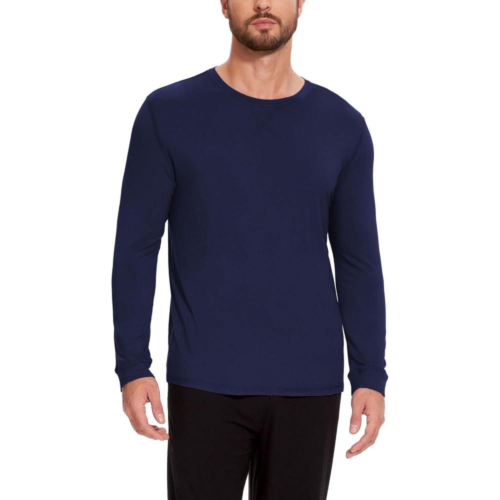 imageGYS BambooDerived Viscose Mens Pajama Top Soft Long Sleeve Sleep TShirtNavy