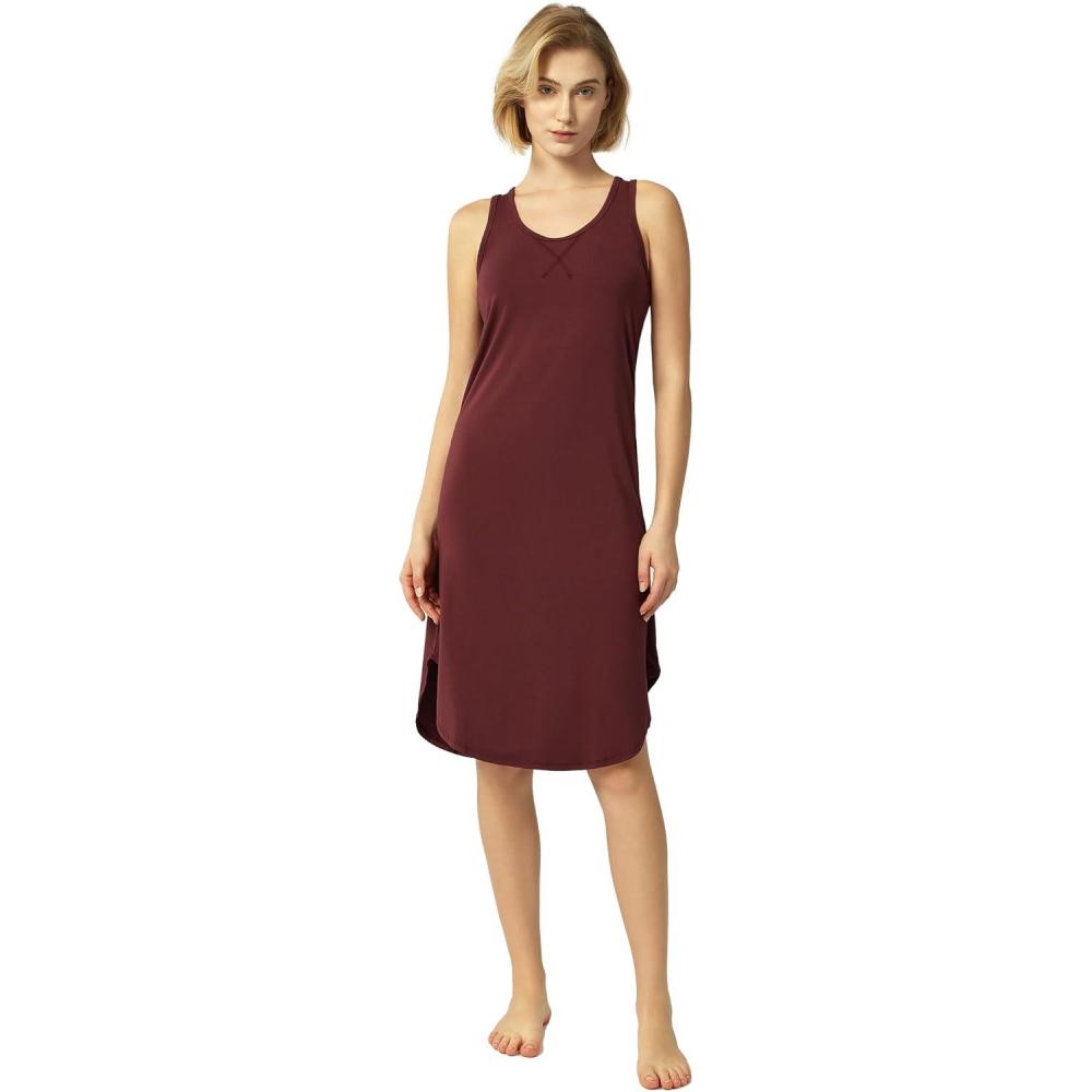 imageGYS Long Nightgown for Women Viscose Made from Bamboo Soft Sleeveless Sleep Shirt Summer Racerback Sleep DressFicus Red