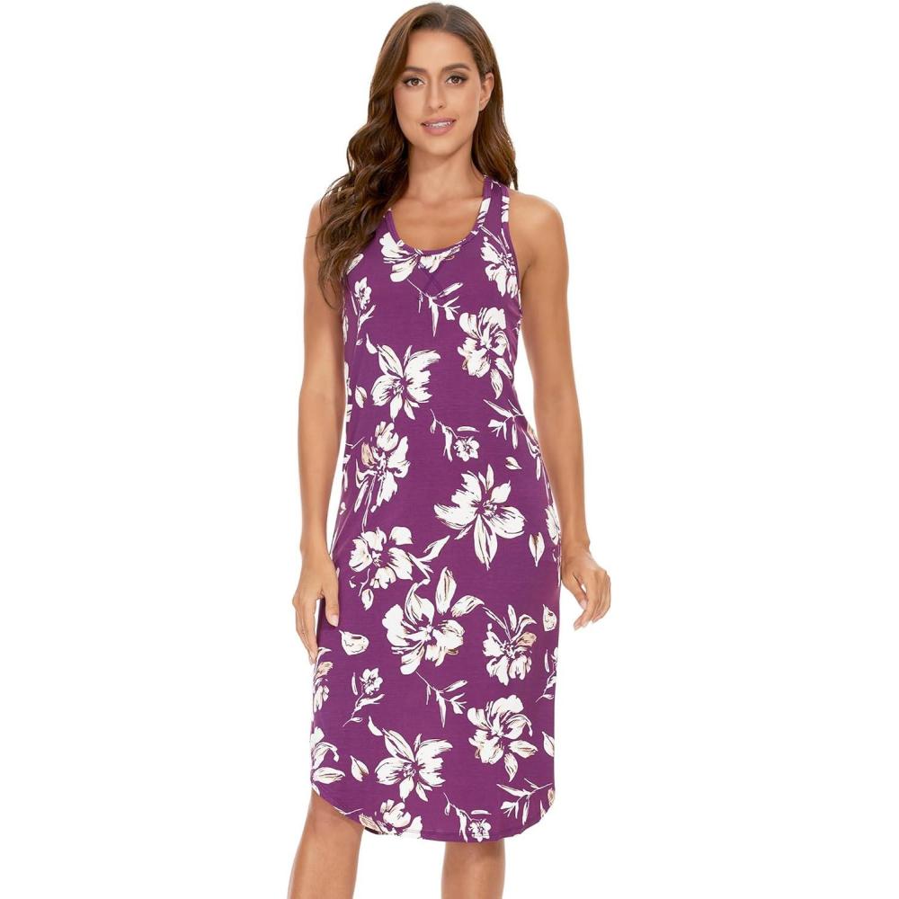 imageGYS Long Nightgown for Women Viscose Made from Bamboo Soft Sleeveless Sleep Shirt Summer Racerback Sleep DressPurple Floral