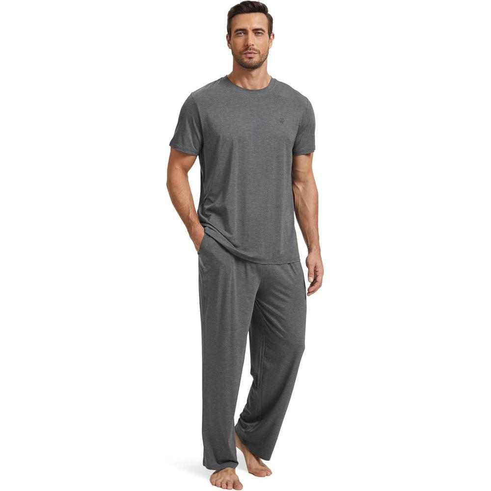 imageGYS Mens Pajama Sets Bamboo Viscose Short Sleeve Top and Long Pants 2 Piece SleepwearDark Heather Grey
