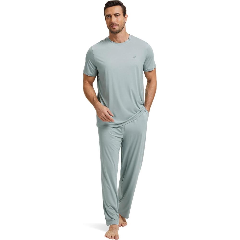 imageGYS Mens Pajama Sets Bamboo Viscose Short Sleeve Top and Long Pants 2 Piece SleepwearLight Greyish Green