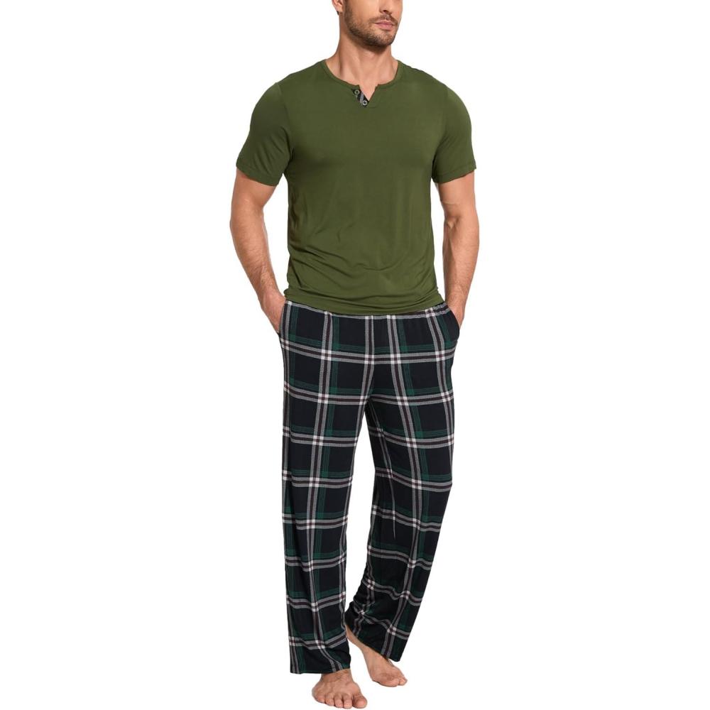 imageGYS Mens Pajamas Set Short Sleeve Sleepwear Soft Pjs Top with Pants Cool Loungewear SetViscose Made from BambooArmy Green