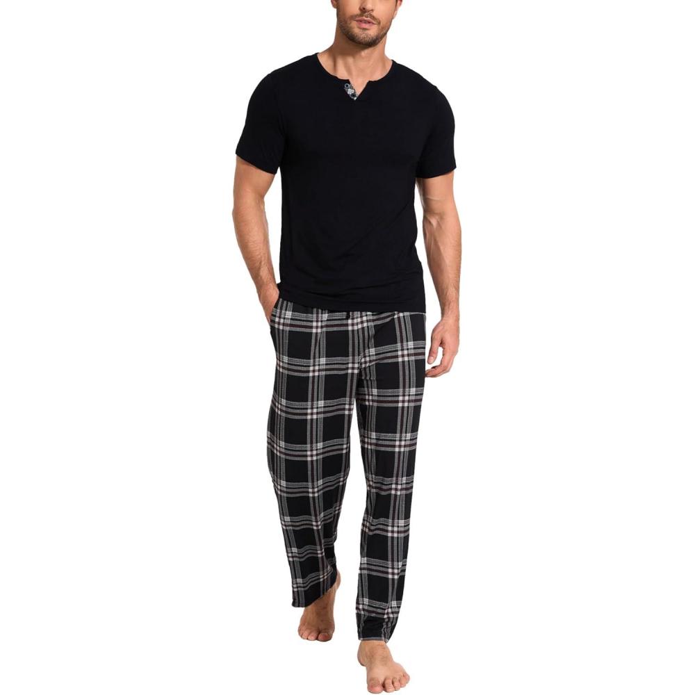 imageGYS Mens Pajamas Set Short Sleeve Sleepwear Soft Pjs Top with Pants Cool Loungewear SetViscose Made from BambooBlack