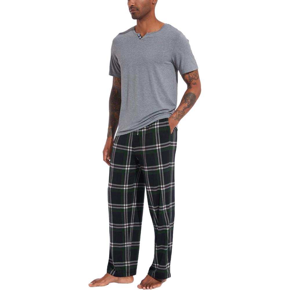 imageGYS Mens Pajamas Set Short Sleeve Sleepwear Soft Pjs Top with Pants Cool Loungewear SetViscose Made from BambooHeather Grey