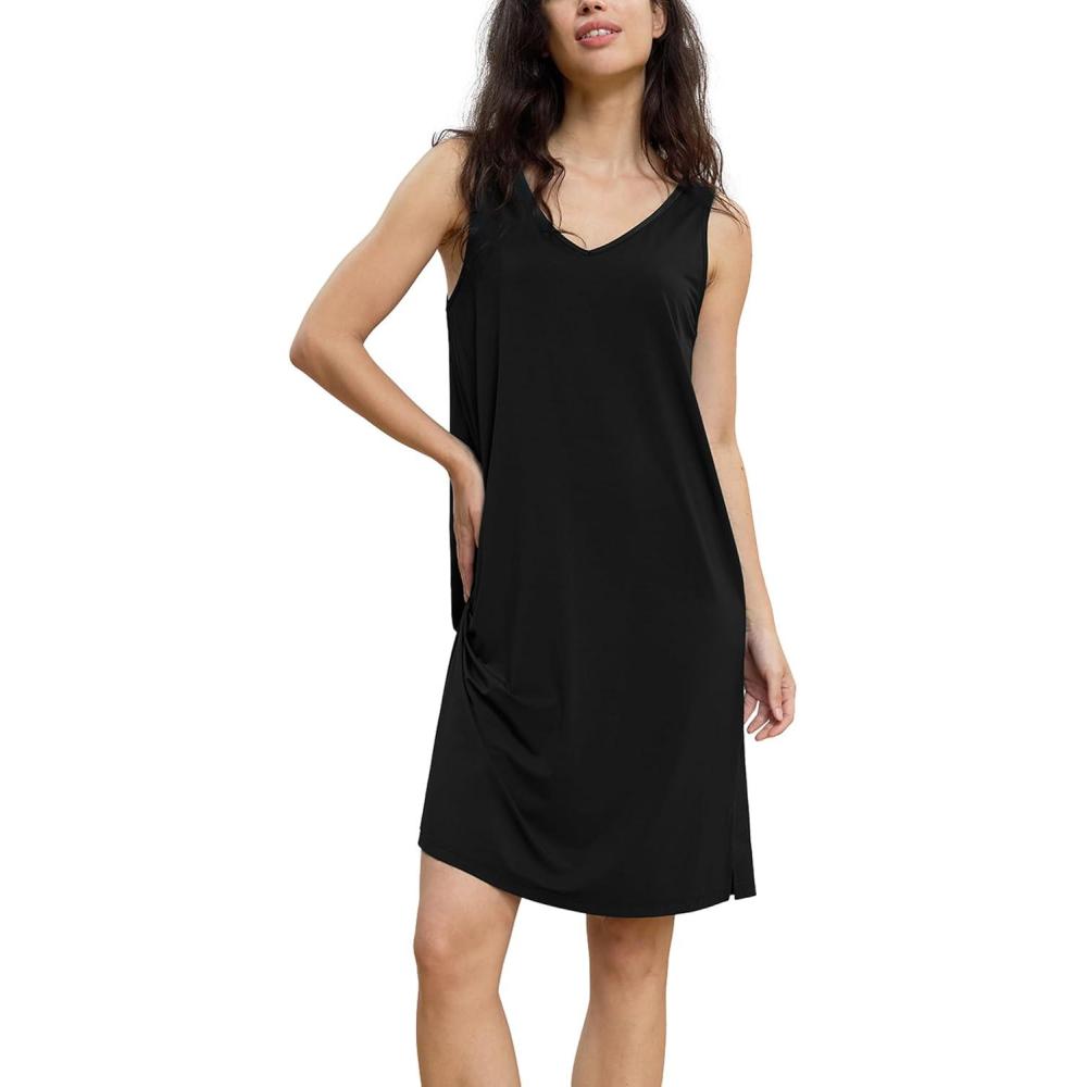 imageGYS Premium Bamboo Viscose Womens Nightgowns Tank Sleep Dress V Neck Soft Sleeveless SleepwearBlack