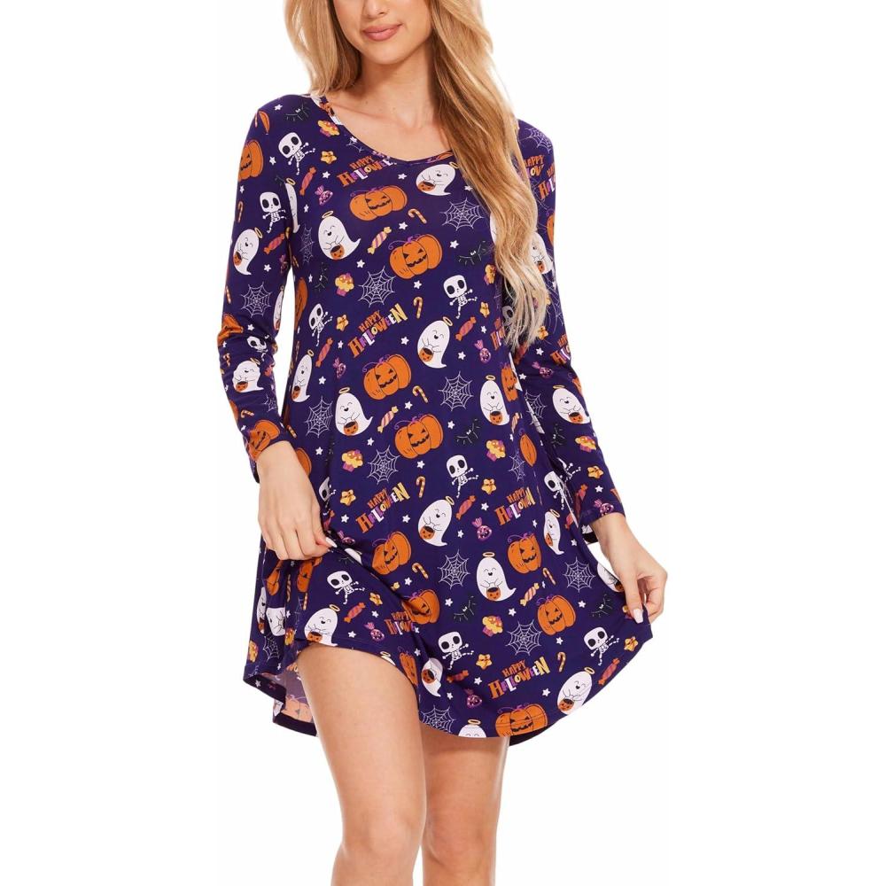 imageGYS Womens Bamboo Viscose Long Sleeve Nightgown Super Soft Lightweight Night Shirts for SleepingCrewneck Pumpkin Ghost