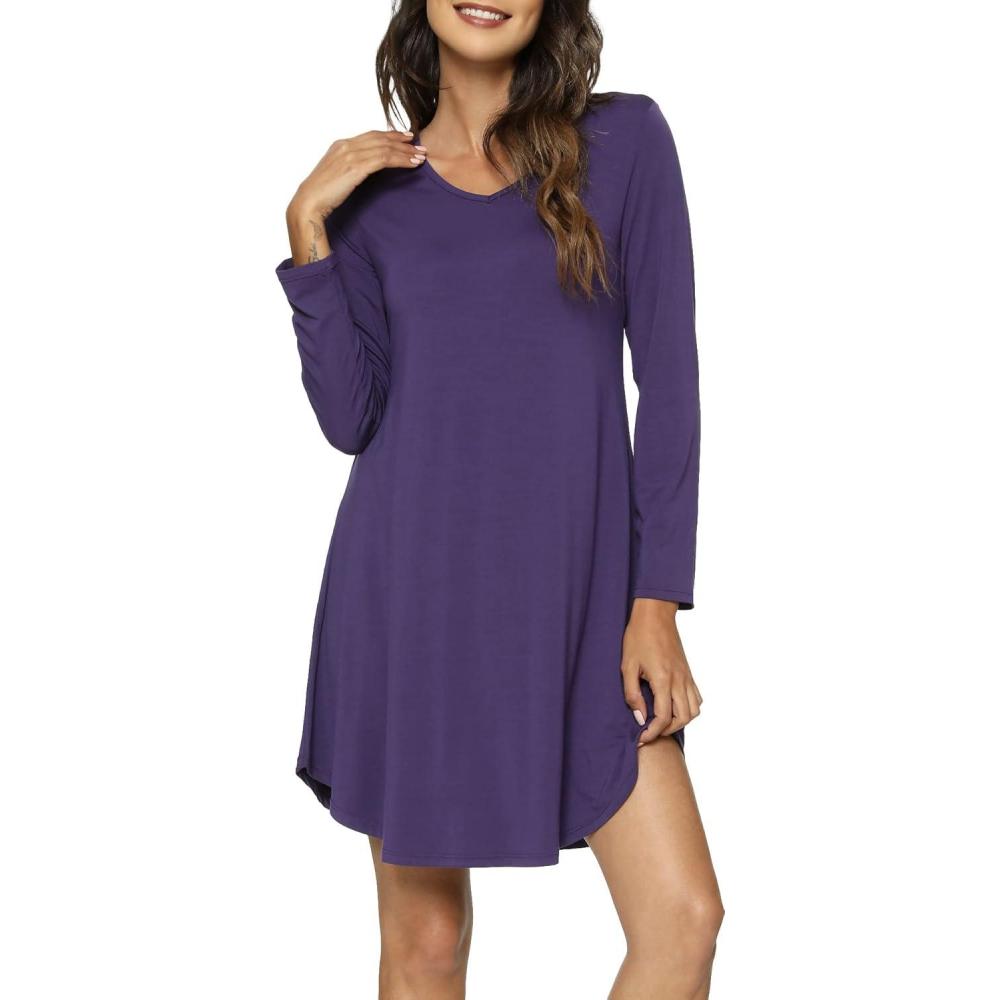 imageGYS Womens Bamboo Viscose Long Sleeve Nightgown Super Soft Lightweight Night Shirts for SleepingCrewneck Purple