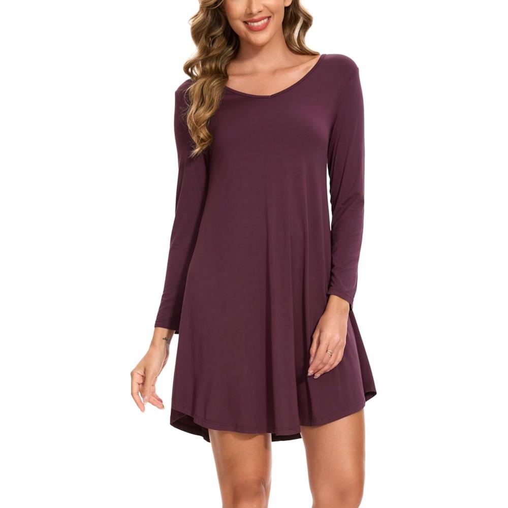 imageGYS Womens Bamboo Viscose Long Sleeve Nightgown Super Soft Lightweight Night Shirts for SleepingCrewneckPrune Purple
