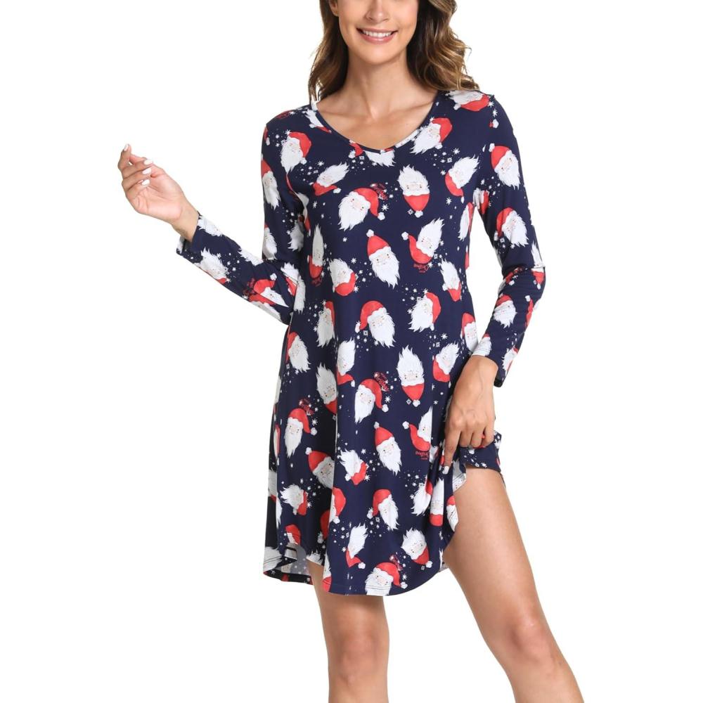 imageGYS Womens Bamboo Viscose Long Sleeve Nightgown Super Soft Lightweight Night Shirts for SleepingCrewneckSanta Claus Navy