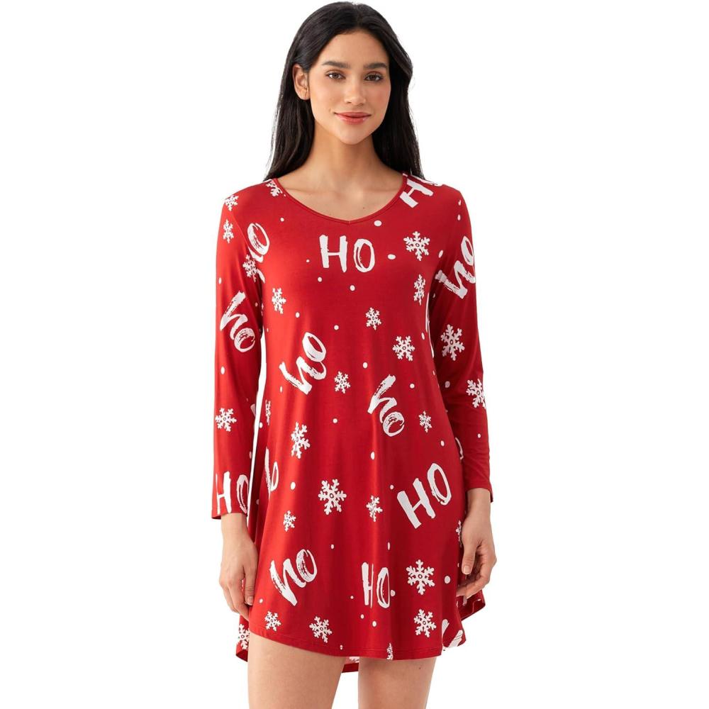 imageGYS Womens Bamboo Viscose Long Sleeve Nightgown Super Soft Lightweight Night Shirts for SleepingCrewneckXmas Red