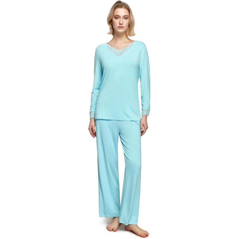 imageGYS Womens Pajama Sets Viscose from Bamboo Lace Trim Long Sleeve Sleepwear Soft Pjs Lounge Sets with PocketsAaqua