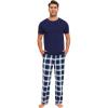 GYS Bamboo Viscose Men’s Pajama Sets Short Sleeve Crew Neck Lounge Sets with Pockets(Navy Green Plaid)