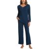 GYS Women’s Pajama Sets Viscose from Bamboo Lace Trim Long Sleeve Sleepwear Soft Pjs Lounge Sets with Pockets(A-ink Blue)