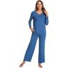 GYS Women’s Pajama Sets Viscose from Bamboo Lace Trim Long Sleeve Sleepwear Soft Pjs Lounge Sets with Pockets(A-prussian Blue)