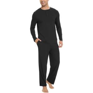 GYS Bamboo Viscose Men’s Pajama Sets Long Sleeve Henley Neck Casual Sleep Set with Pockets(Black)