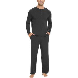 GYS Bamboo Viscose Men’s Pajama Sets Long Sleeve Henley Neck Casual Sleep Set with Pockets(Black Melange)