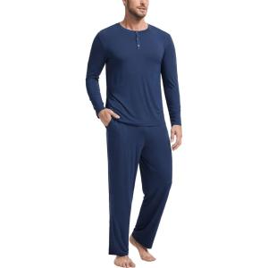GYS Bamboo Viscose Men’s Pajama Sets Long Sleeve Henley Neck Casual Sleep Set with Pockets(Deep Blue)