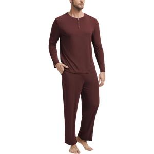 GYS Bamboo Viscose Men’s Pajama Sets Long Sleeve Henley Neck Casual Sleep Set with Pockets(Ficus Red)