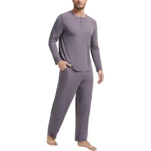 GYS Bamboo Viscose Men’s Pajama Sets Long Sleeve Henley Neck Casual Sleep Set with Pockets(Purplish Grey)