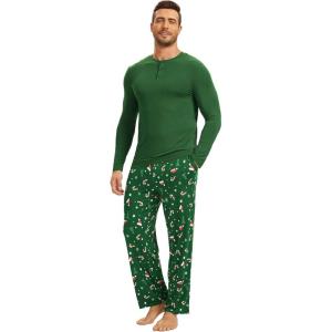 GYS Bamboo Viscose Men’s Pajama Sets Long Sleeve Henley Neck Casual Sleep Set with Pockets(Xmas Green)