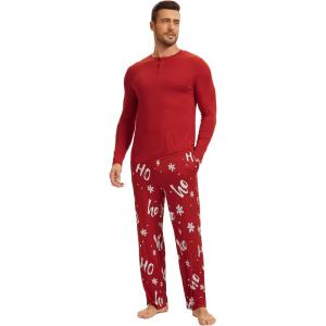 GYS Bamboo Viscose Men’s Pajama Sets Long Sleeve Henley Neck Casual Sleep Set with Pockets(Xmas Red)