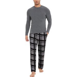 GYS Bamboo Viscose Men’s Pajama Sets Long Sleeve Plaid Loungewear Sets with Pockets(Dark Heather Grey/Plaid)