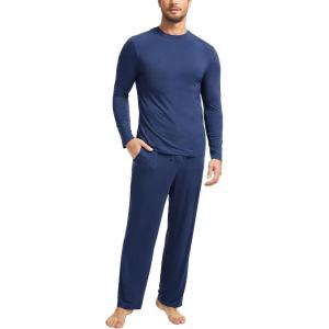 GYS Bamboo Viscose Men’s Pajama Sets Long Sleeve Plaid Loungewear Sets with Pockets(Deep Blue)