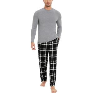 GYS Bamboo Viscose Men’s Pajama Sets Long Sleeve Plaid Loungewear Sets with Pockets(Heather Grey/Plaid)