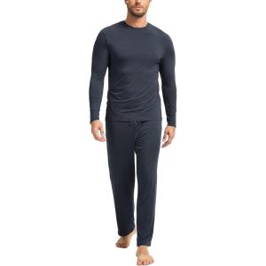 GYS Bamboo Viscose Men’s Pajama Sets Long Sleeve Plaid Loungewear Sets with Pockets(Midnight Blue)
