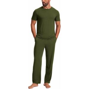 GYS Bamboo Viscose Men’s Pajama Sets Short Sleeve Crew Neck Lounge Sets with Pockets(Army Green)
