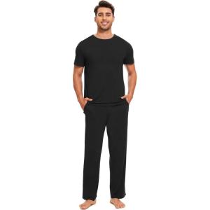 GYS Bamboo Viscose Men’s Pajama Sets Short Sleeve Crew Neck Lounge Sets with Pockets(Black)